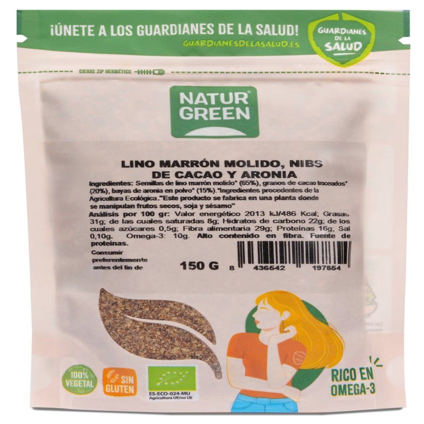 Semillas de Lino Molido, Nibs de Cacao y Aronia Bio · Naturgreen · 150 gramos