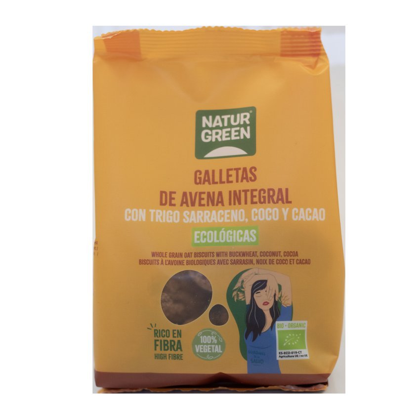 Galletas de Avena Integral con Trigo Sarraceno, Coco y Cacao Bio · Naturgreen · 140 gramos